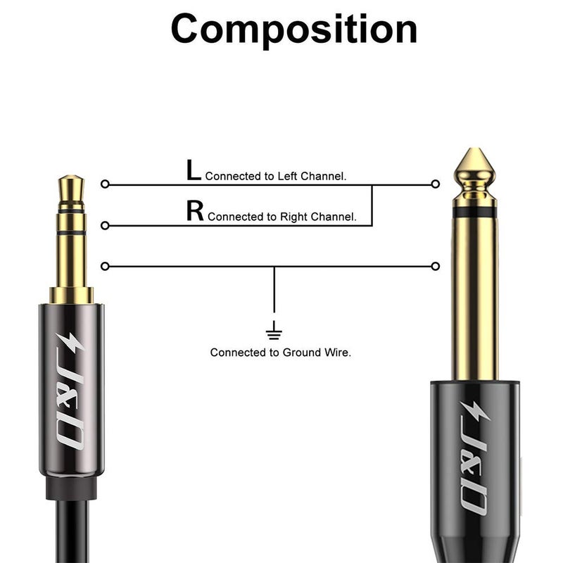 J&D 6.35mm (1/4 inch) TS to 3.5mm (1/8 inch) TRS Cable, Gold-Plated 1/4 inch Male to 3.5mm (1/8 inch) Male Mono Interconnect Heavy Duty Stereo Aux Jack Adapter Cable, 10 Feet - Image 2